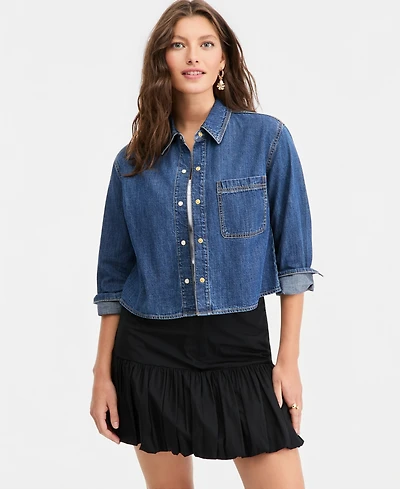 On 34th Women's Long Sleeve Cropped Denim Shirt, Macy's Exclusive