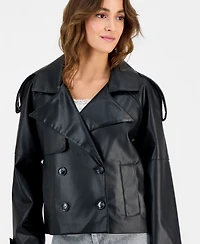 Maralyn & Me Juniors' Cropped Double-Breasted Faux-Leather Trench Coat