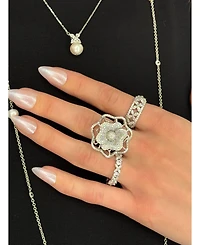 Suzy Levian Sterling Silver Freshwater Pearl & White Sapphire Marquise Flower Cluster Necklace