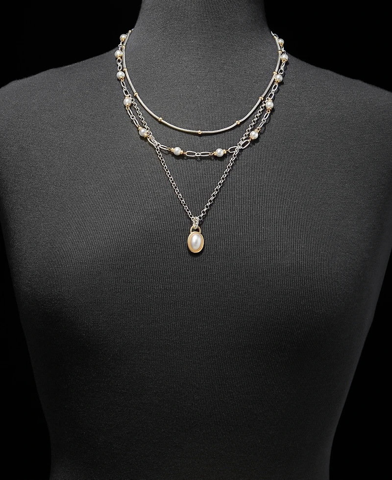 Anne Klein Two-Tone Chain Faux Imitation Pearl Multi-Row Pendant Necklace