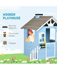 Outsunny Wooden Playhouse for Kids Outdoor with Flower Pot Holders, Blue