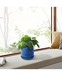 Clihome Handmade Ceramic Flower Pot with Leaf Pattern