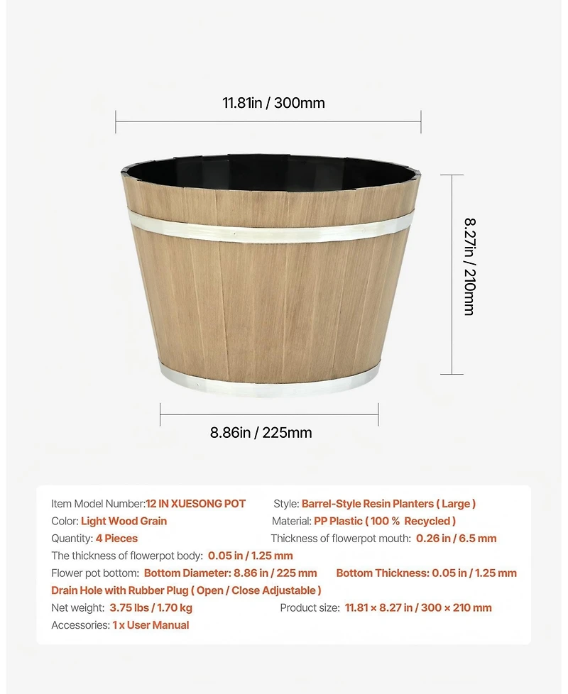 Gouun 4 Pack Resin Barrel Planters, 11.81 inch Decorative Flower Pots with Drainage Holes