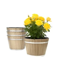 Gouun 4 Pack Resin Barrel Planters, 11.81 inch Decorative Flower Pots with Drainage Holes