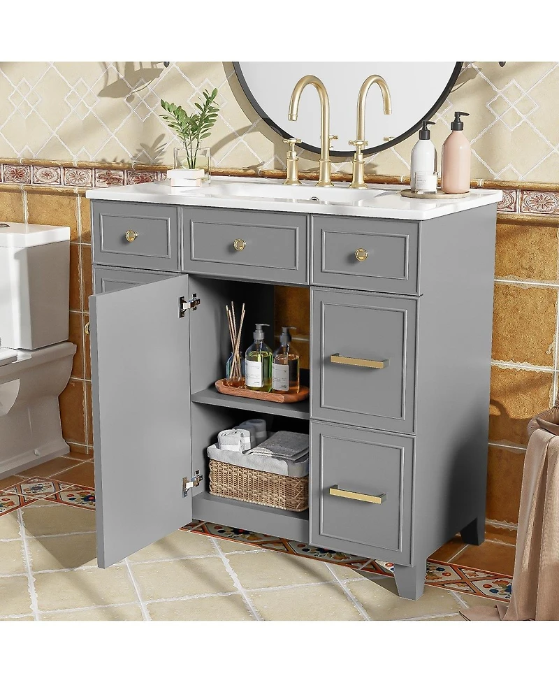 Sillysis 36 Inch Bathroom Vanity with Ceramic Sink, Solid Wood Frame, Ample Storage Drawers and Soft Close Door for Small Spaces