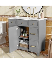 Sillysis 36 Inch Bathroom Vanity with Ceramic Sink, Solid Wood Frame, Ample Storage Drawers and Soft Close Door for Small Spaces