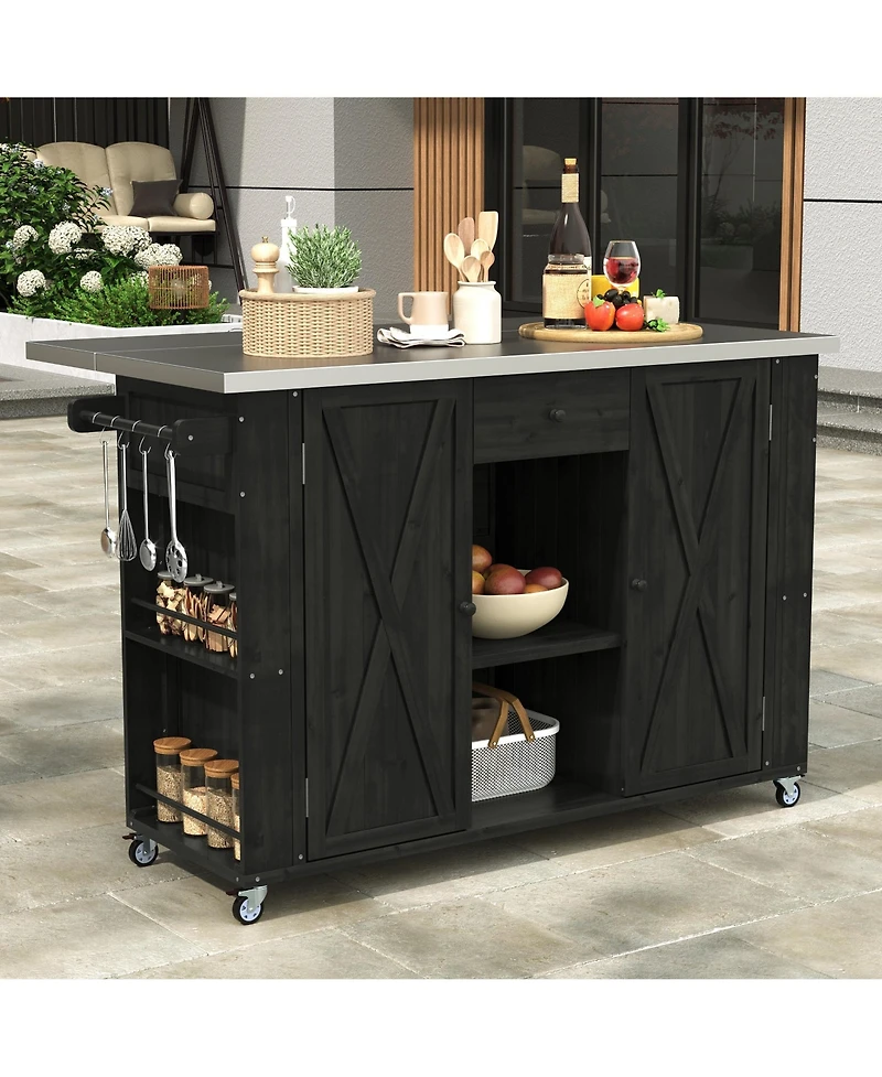 Clihome Outdoor Kitchen Storage Island Fir Wood with Stainless Steel Top