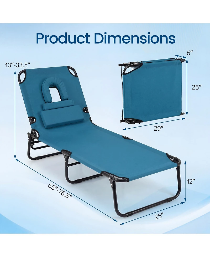 Gymax 2PCS Folding Beach Sun Lounger w/Face Hole Removable Pillows 4-Position Backrest