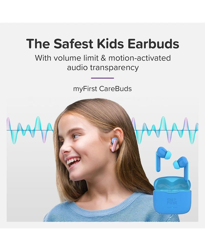 myFirst CareBuds (Cotton Candy) Kids Wireless Earbuds with 85dB Volume Limit, Built-in Mic, 6 Ear Tips, Anti-Lost Strap Easy Pairing, Gift for