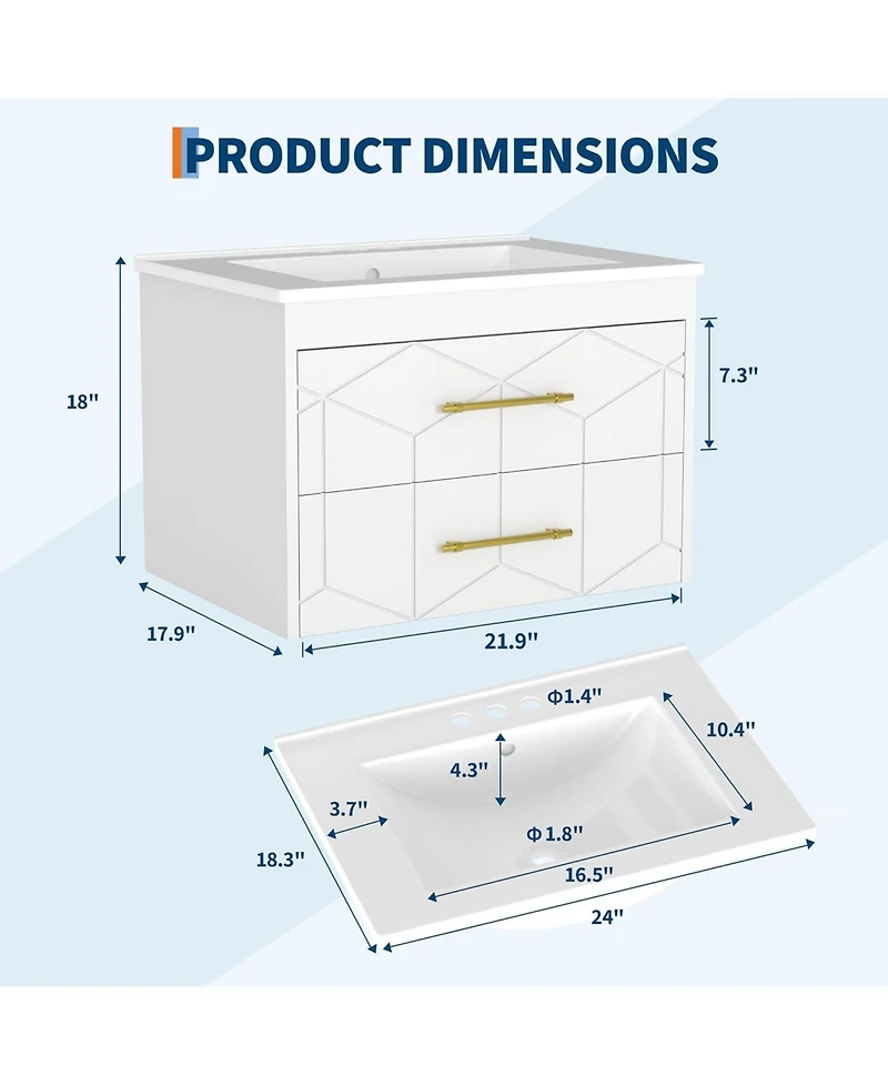 gaomon Floating Bathroom Vanity with Sink, Modern Wall-Mounted Cabinet Ceramic Top, 2 Drawer Storage for Small or Apartment