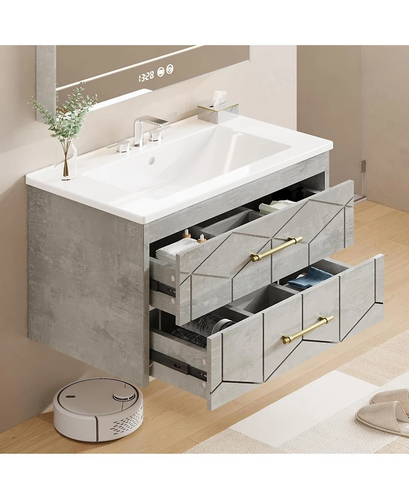gaomon Floating Bathroom Vanity with Sink, Modern Wall-Mounted Cabinet Ceramic Top, 2 Drawer Storage for Small or Apartment
