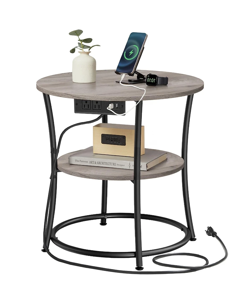 Slickblue 2 Tier Round Side Table with Power Outlets End Storage