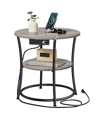 Slickblue 2 Tier Round Side Table with Power Outlets End Storage