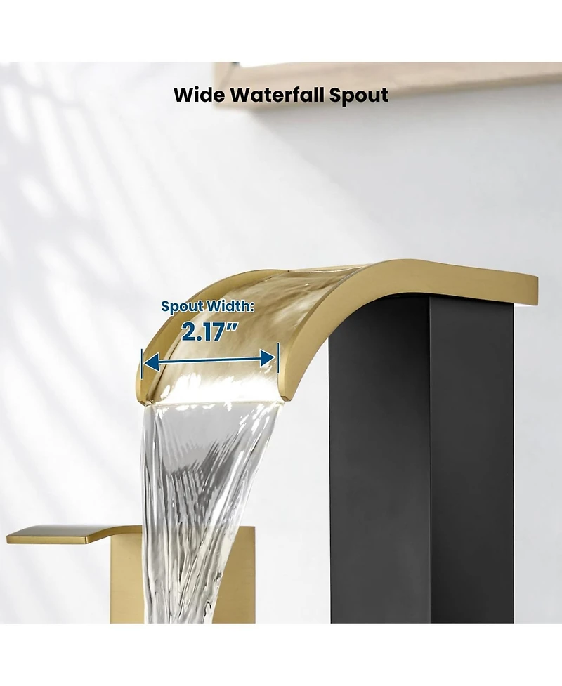 Midola 8 Inch Widespread Waterfall Bathroom Faucet 3 Hole 2 Handle Deck Mount Vanity Sink Faucet with Pop Up Drain Supply Lines Square Design