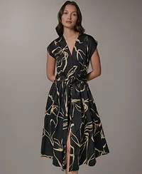 Donna Karan New York Women's Printed Tie Belt V-Neck Midi Dress