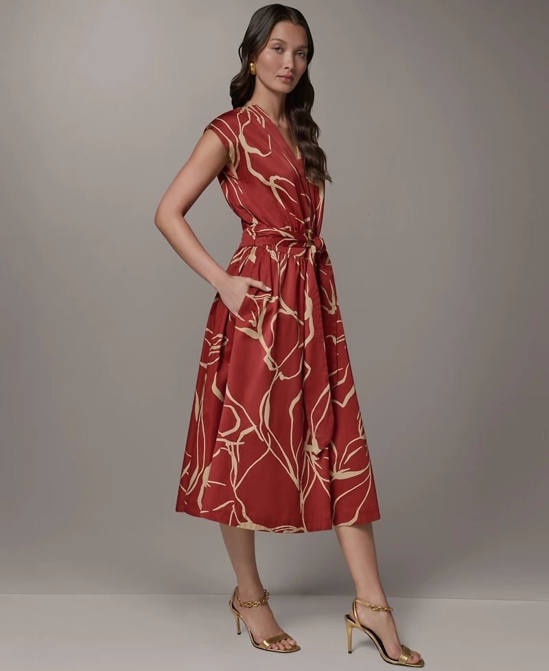 Donna Karan New York Women's Printed Tie Belt V-Neck Midi Dress