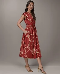 Donna Karan New York Women's Printed Tie Belt V-Neck Midi Dress
