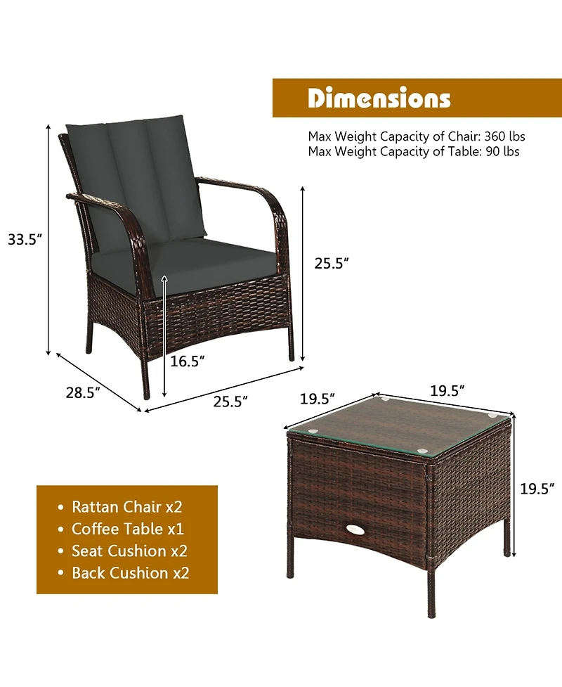 Gymax 3PCS Outdoor Patio Rattan Conversation Set Furniture Set w/ Table Cushions