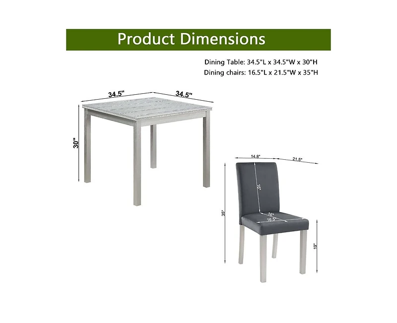 sumyeg 5-Piece Silver Grey Crystal Accent Wood Dining Set with Square Kitchen Table and 4 Upholstered Chairs