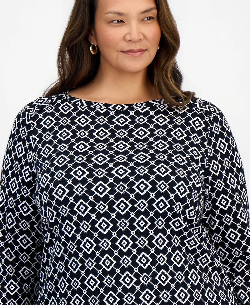 Style & Co Plus Laurel Tile 3/4-Sleeve Geometric Boatneck T-Shirt, Macy's Exclusive