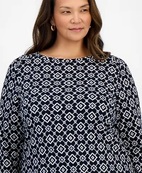 Style & Co Plus Laurel Tile 3/4-Sleeve Geometric Boatneck T-Shirt, Macy's Exclusive