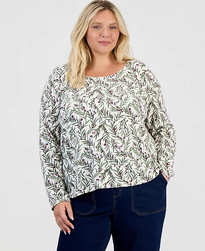 Style & Co Plus Hidden Bells Floral Scoop Neck Long-Sleeve T-Shirt, Macy's Exclusive