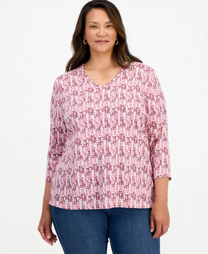 Style & Co Plus Textured Arrow V-Neck 3/4-Sleeve Cotton-Blend Top, Macy's Exclusive