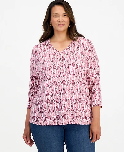 Style & Co Plus Textured Arrow V-Neck 3/4-Sleeve Cotton-Blend Top, Macy's Exclusive