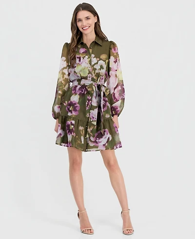 Anne Klein Women's Tiered Chiffon Tie-Waist Shirtdress
