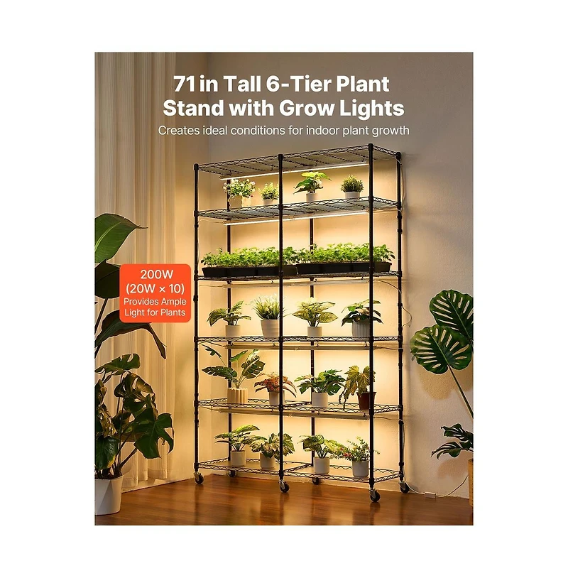 Sugift 6 Tier Double Row Plant Shelf with Grow Light Tall Indoor
