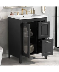 Sillysis Freestanding Bathroom Vanity with Sink, Solid Wood Cabinet, Moru Glass Door, Adjustable Shelf for Small Spaces