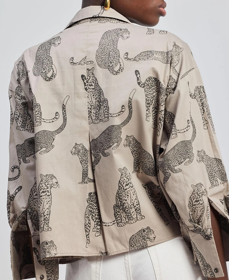 Reistor Women's Oversized Cropped Button-down Shirt Animal Print