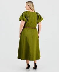 Anne Klein Plus-Size Sateen V-Neck Midi Dress