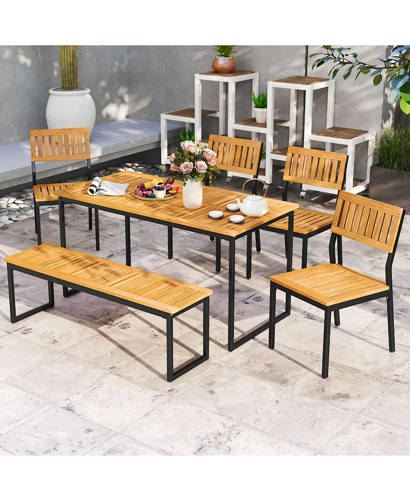 Sugift 6-Piece Acacia Wood Patio Dining Set with Bench and 2 in Umbrella Hole