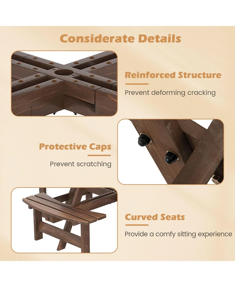Sugift 8-Person Round Fir Wood Picnic Table Set with Built-in Benches