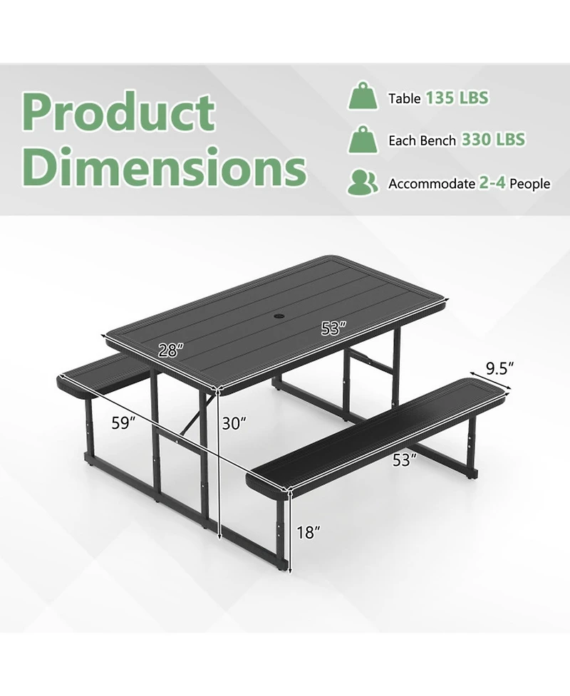 Sugift Hdpe Outdoor Picnic Table Bench Set for 2-4 People with Umbrella Hole