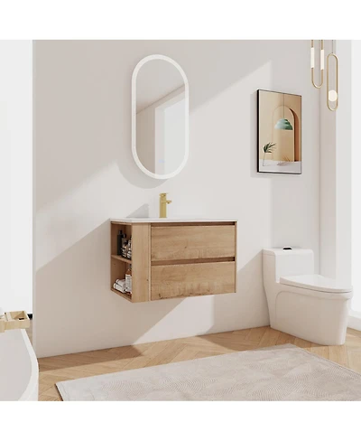 Sillysis Wall Mounted Bathroom Vanity with Ceramic Sink, 2 Soft Close Drawers