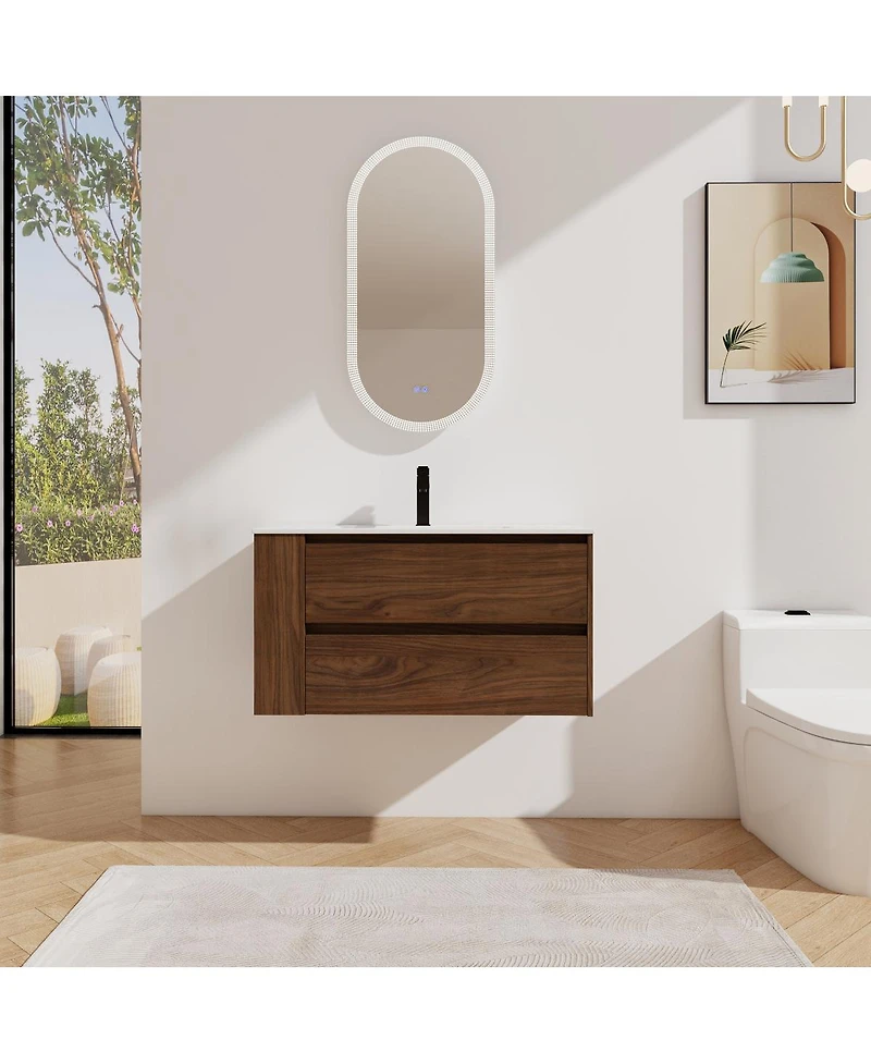 Sillysis Wall Mounted Bathroom Vanity with Ceramic Sink, 2 Soft Close Drawers, Adjustable Shelf for Modern Small Bathroom