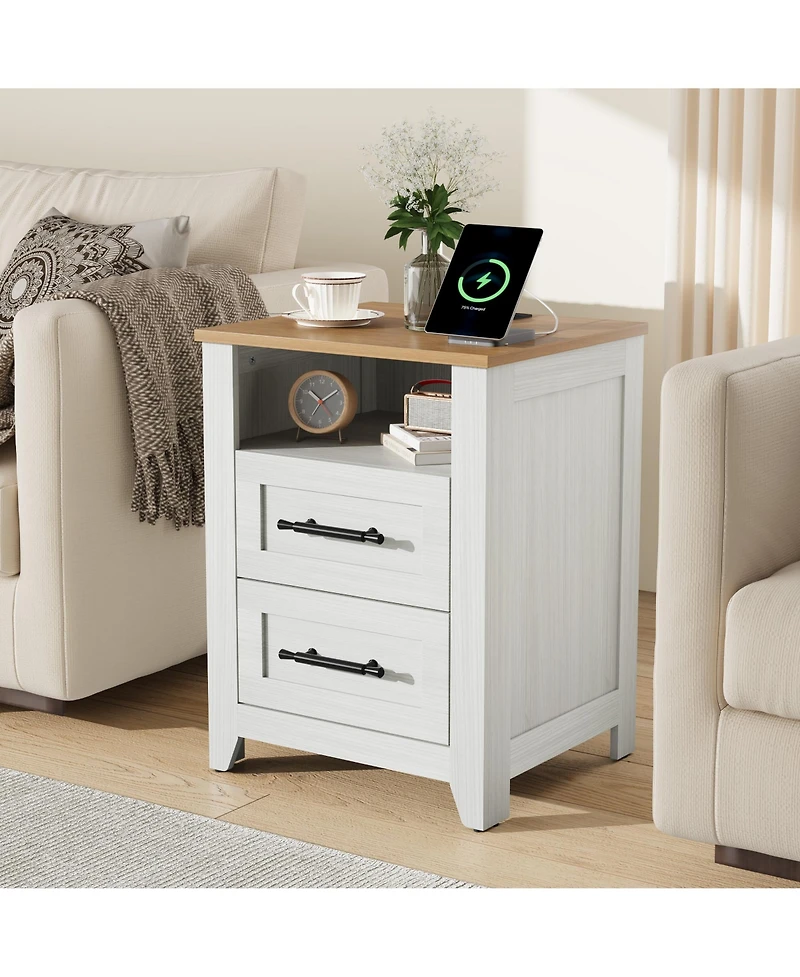 Homfan Set of 2 Farmhouse Nightstand with 2 Drawer and Open Compartment, Side Table with Charging Station, End Table with Storage Shelf for Bedroom