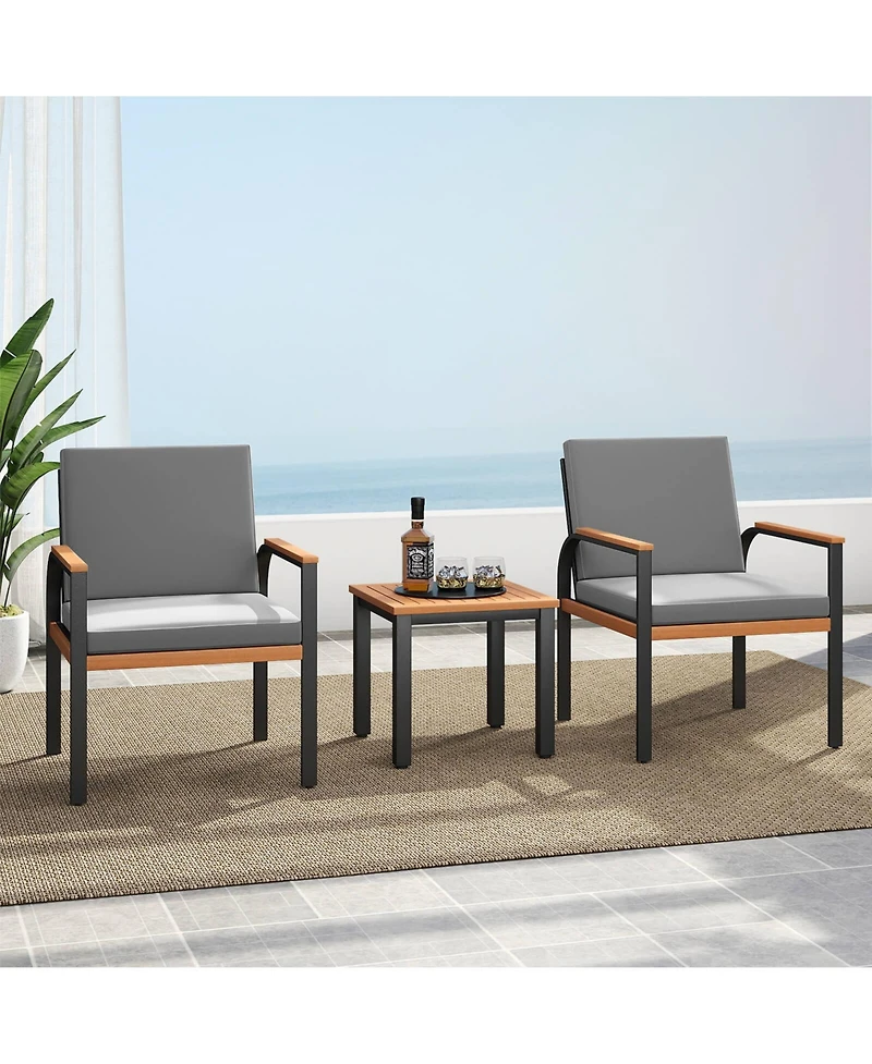 Costway 3 Pcs Patio Furniture Set with Coffee Table Removable Cushions Acacia Wood Armrests