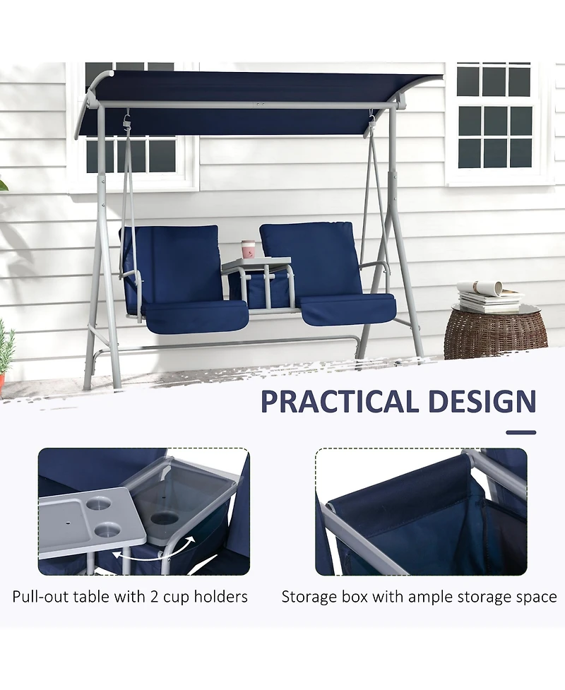 Outsunny 2 Person Porch Swing with Canopy, Table, Storage Console, Blue