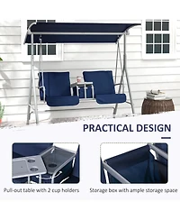 Outsunny 2 Person Porch Swing with Canopy, Table, Storage Console, Blue