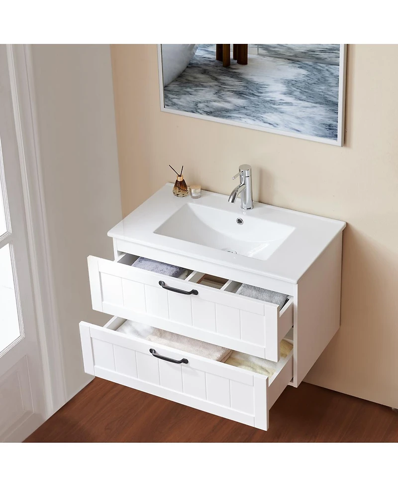 Sillysis Wall Mounted Bathroom Vanity with Sink, Solid Wood, Soft Close Drawers, Modern Small Bathroom Storage