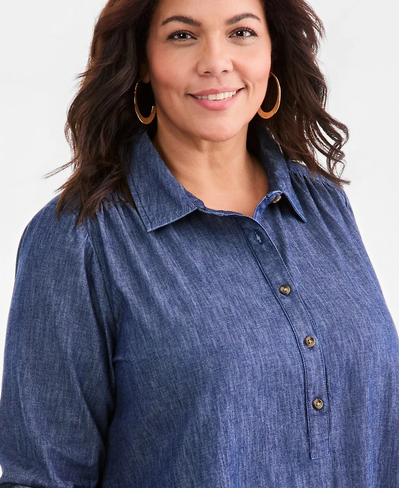 Style & Co Plus Denim Long-Sleeve Peplum Shirt Dress, Macy's Exclusive