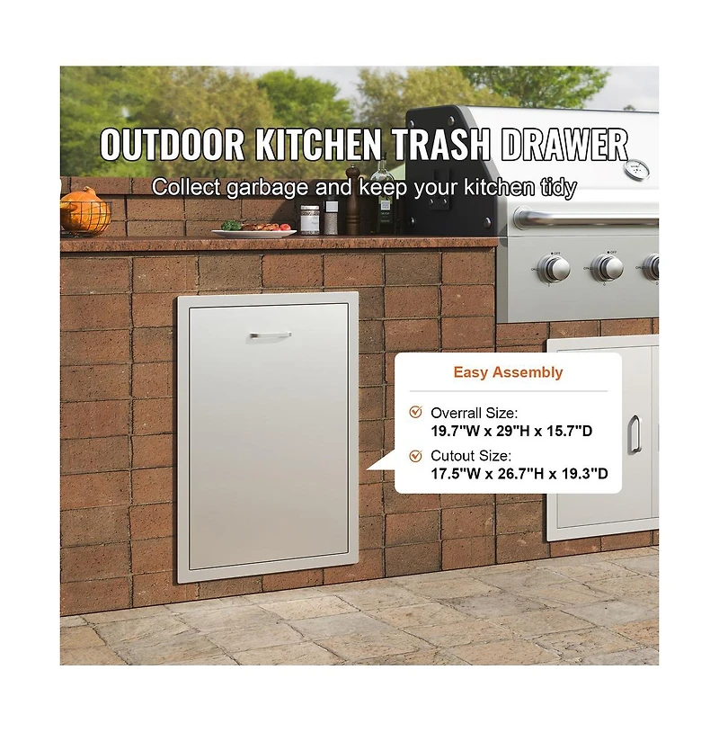 Sugift Pull Out Trash Drawer 19.7W x 26.5H in Outdoor Kitchen Stainless Steel