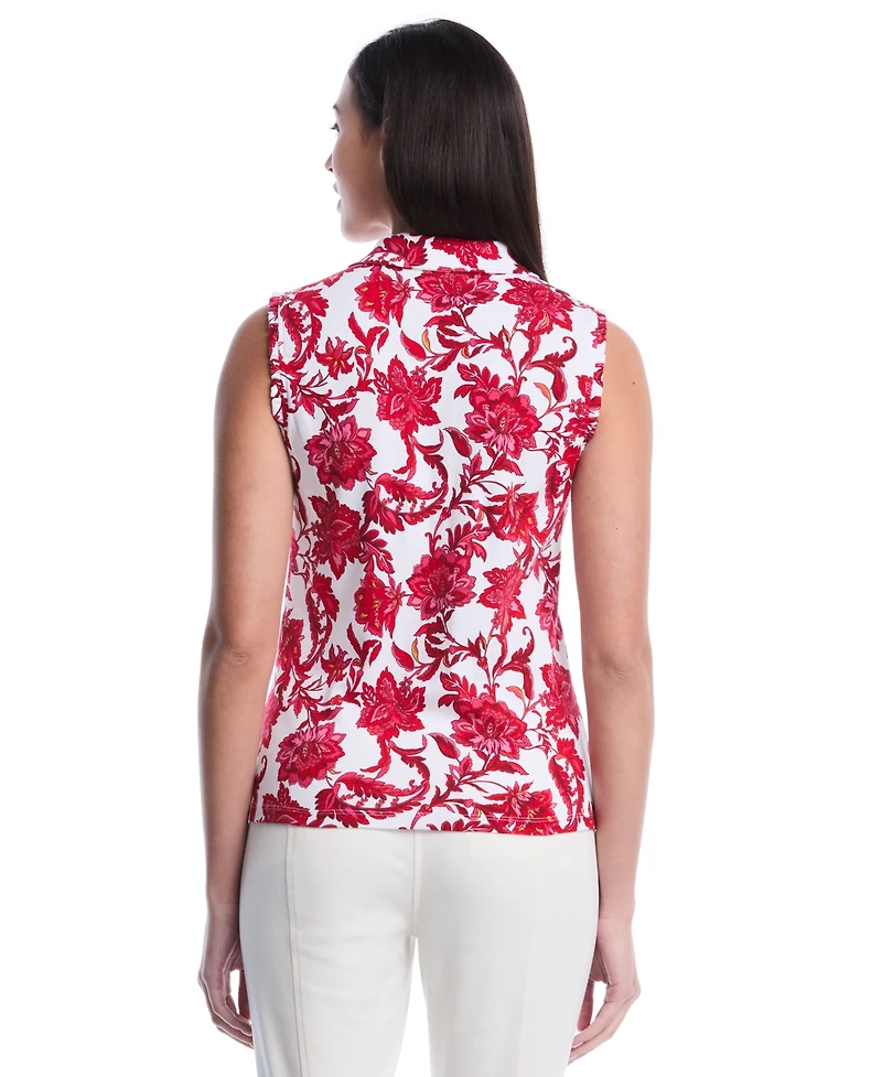 Rafaella Petite Botanical Print Ruffle Trim Sleeveless Polo Shirt