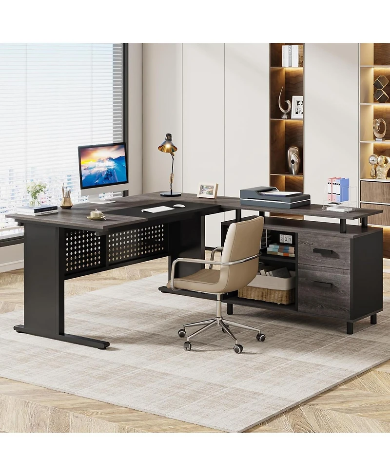 Tribesigns 63 Inch Executive Desk with File Cabinet, Large Office L Shaped Computer Desk, Business Furniture Workstation