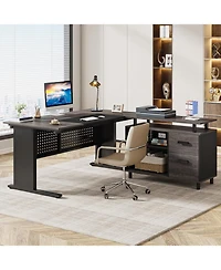 Tribesigns 63 Inch Executive Desk with File Cabinet, Large Office L Shaped Computer Desk, Business Furniture Workstation