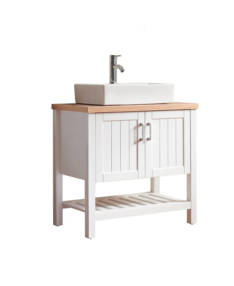 Sillysis Bathroom Vanity with Ceramic Sink, White Solid Wood and Mdf, Open Shelf and Cabinet, Above Counter Sink for Modern Bathrooms