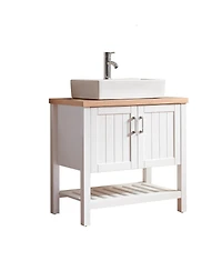 Sillysis Bathroom Vanity with Ceramic Sink, White Solid Wood and Mdf, Open Shelf and Cabinet, Above Counter Sink for Modern Bathrooms